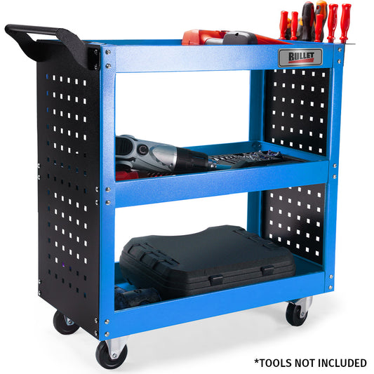Bullet 3-Tier Steel Tool Trolley Cart, for Workshop, Mechanic, with Pegboard, Screwdriver Bay, Blue.
