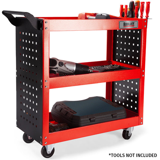 BULLET 3-Tier Steel Tool Trolley Cart for Workshop, Mechanic, with Pegboard, Screwdriver Bay, Red.
