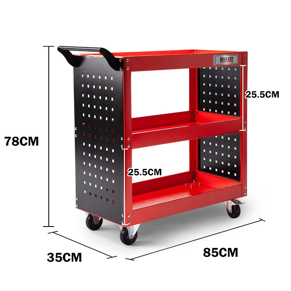 BULLET 3-Tier Steel Tool Trolley Cart for Workshop, Mechanic, with Pegboard, Screwdriver Bay, Red.