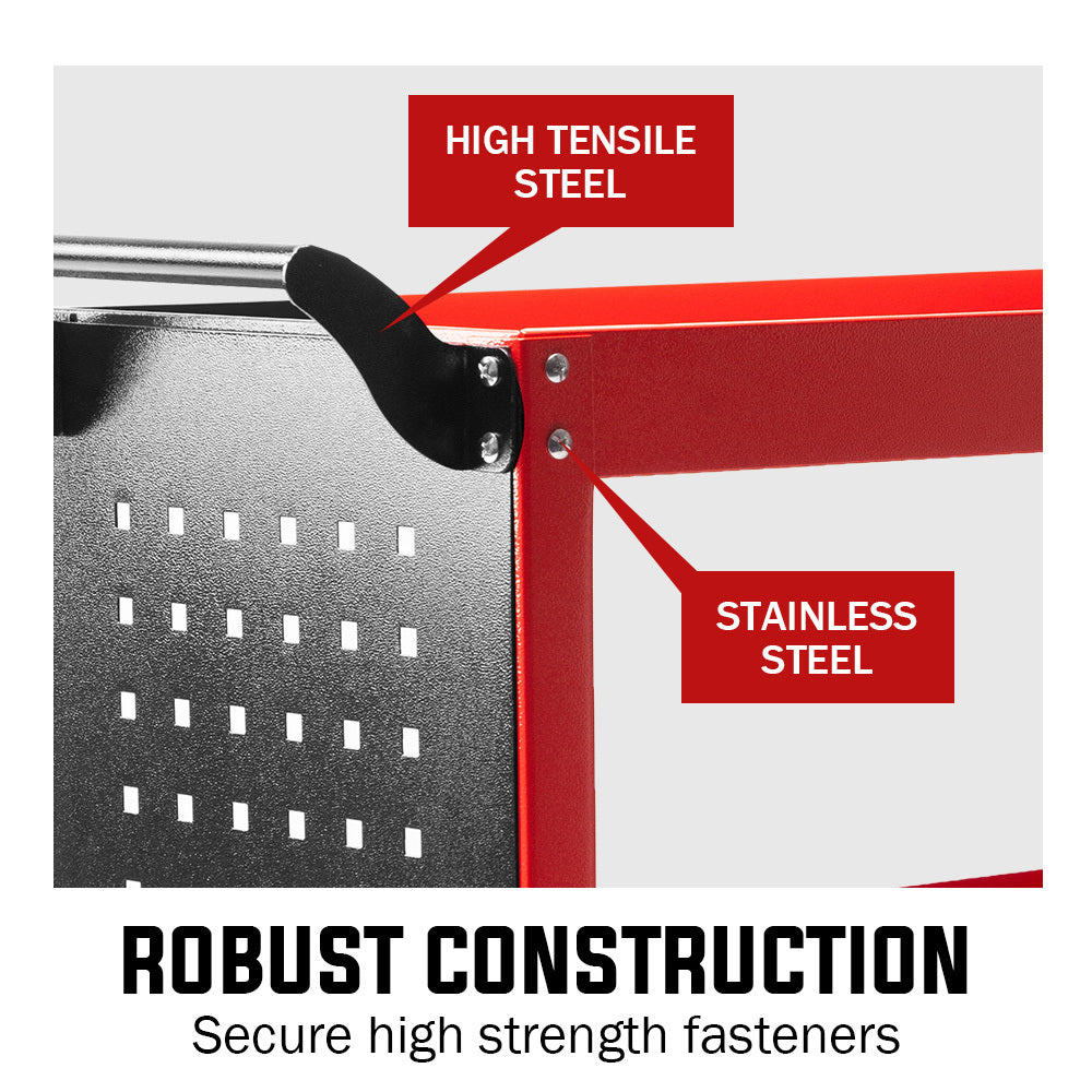 BULLET 3-Tier Steel Tool Trolley Cart for Workshop, Mechanic, with Pegboard, Screwdriver Bay, Red.