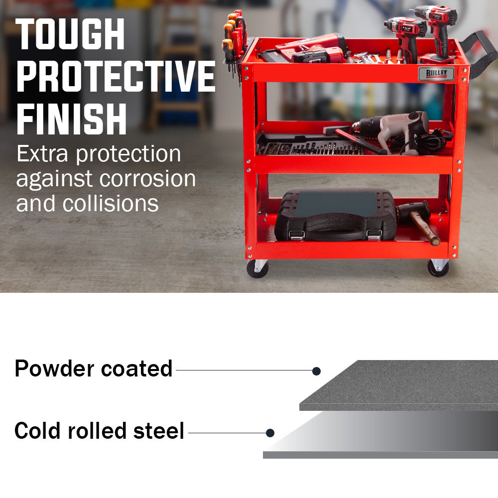 BULLET 3-Tier Steel Tool Trolley Cart for Workshop, Mechanic, with Pegboard, Screwdriver Bay, Red.