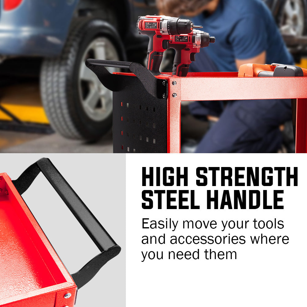 BULLET 3-Tier Steel Tool Trolley Cart for Workshop, Mechanic, with Pegboard, Screwdriver Bay, Red.