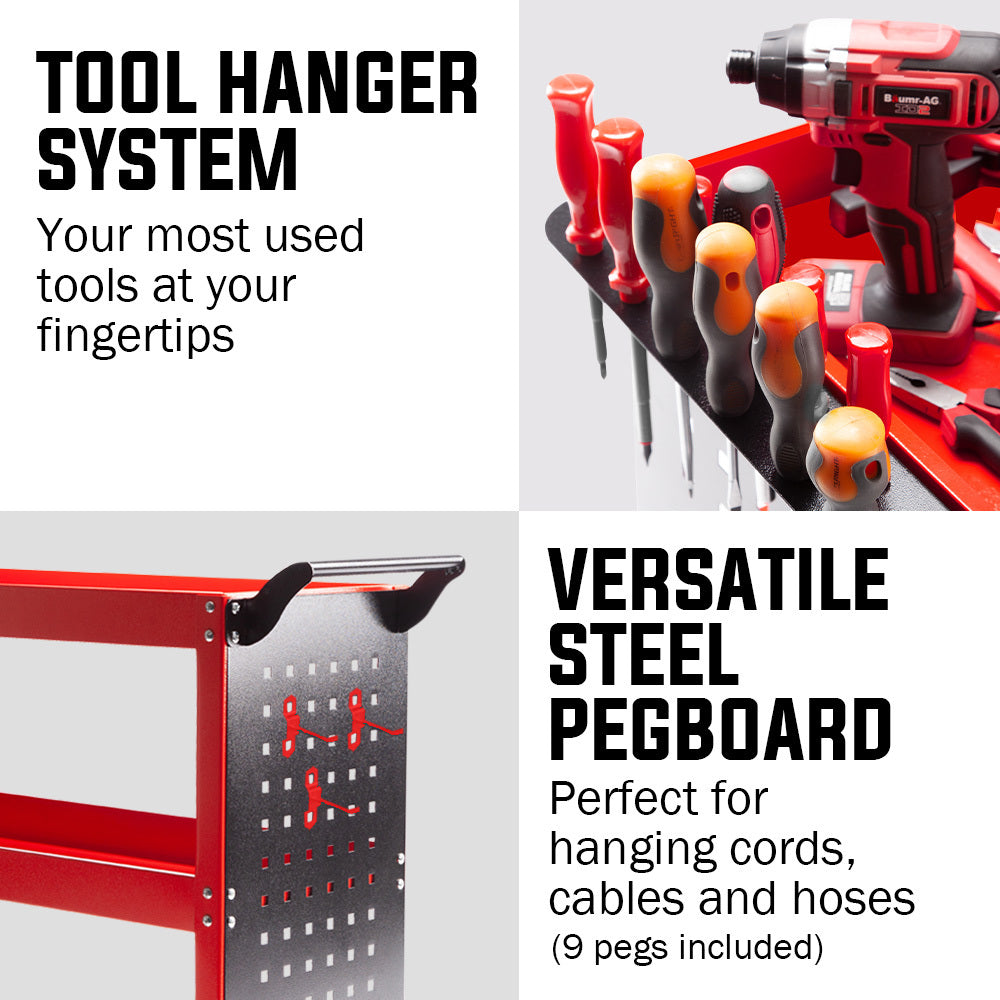 BULLET 3-Tier Steel Tool Trolley Cart for Workshop, Mechanic, with Pegboard, Screwdriver Bay, Red.