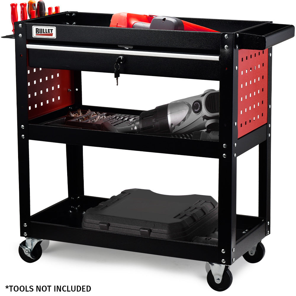 Bullet 3-Tier Steel Tool Trolley Cart with Drawer, Pegboard, Screwdriver Bay, Black/Red.