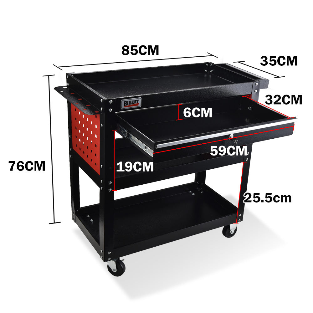 Bullet 3-Tier Steel Tool Trolley Cart with Drawer, Pegboard, Screwdriver Bay, Black/Red.