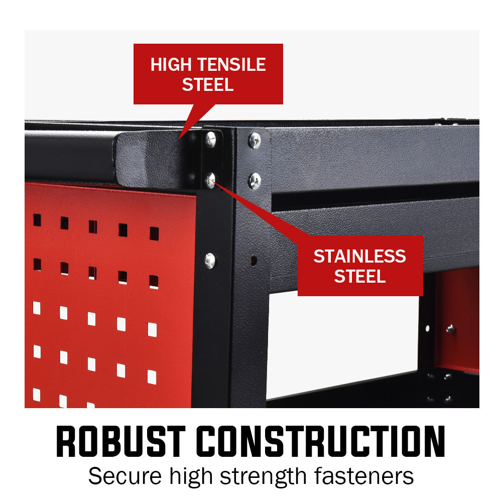 Bullet 3-Tier Steel Tool Trolley Cart with Drawer, Pegboard, Screwdriver Bay, Black/Red.