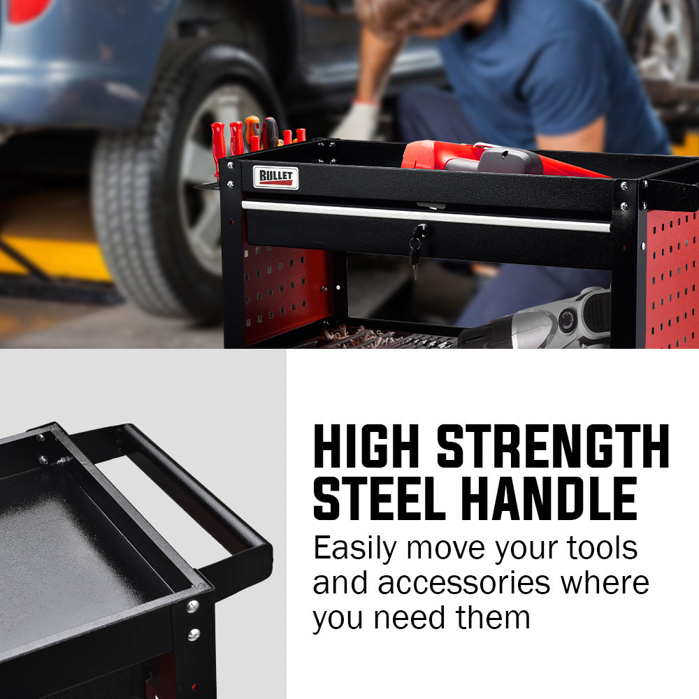Bullet 3-Tier Steel Tool Trolley Cart with Drawer, Pegboard, Screwdriver Bay, Black/Red.