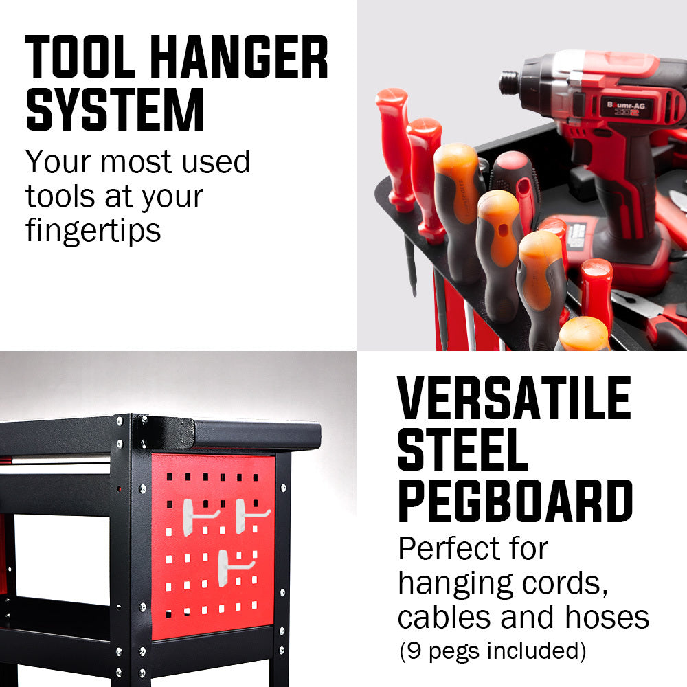Bullet 3-Tier Steel Tool Trolley Cart with Drawer, Pegboard, Screwdriver Bay, Black/Red.