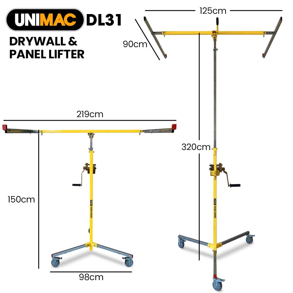 UNIMAC Drywall / Plasterboard Panel Lifter, 1200 x 3600 68kg Max, Non-marking with Locking Castors