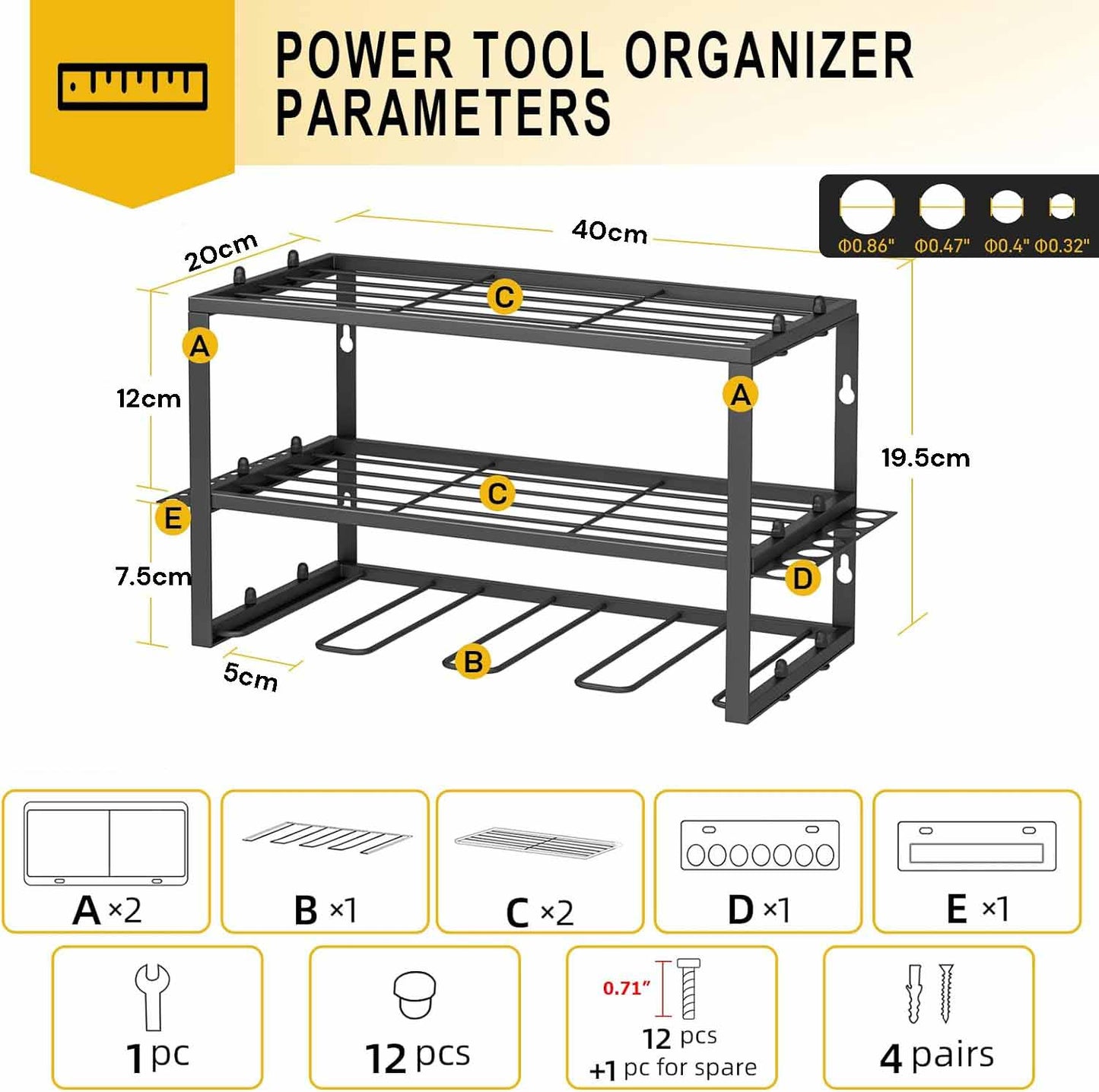 40cm Power Tool Organizer, 4 Layers Tool Storage Rack.
