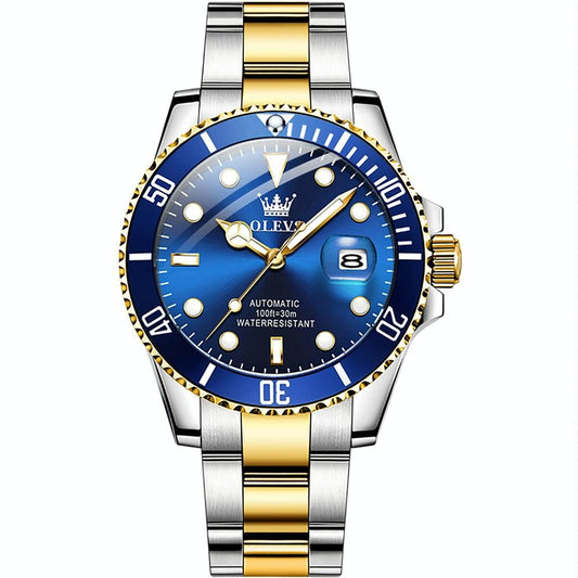 OLVES Watch Waterproof Mechanical Watch for Men with Luminous Dial - Blue + Gold