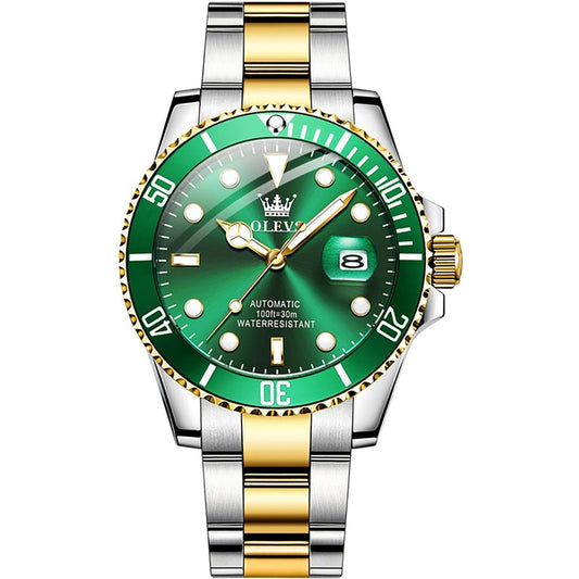 OLEVS Watch Waterproof Mechanical Watch for Men with Luminous Dial - Green + Gold