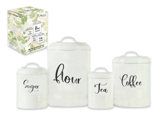 Kitchen Tin Set x4 Metal Kitchen Tin Sugar Flower Tea Coffee Food Container 25cm