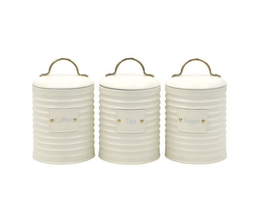 Kitchen Tin Set x3 Corrugated Metal Coffee Tea Sugar Storage Tins 10x17cm
