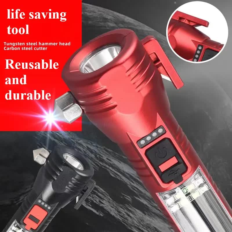 ***Free Shipping*** Multi-Functional Safety Flashlight– Rechargeable Waterproof Emergency Torch with USB Charging, High-Lumen for Outdoor and Survival Use (Red)