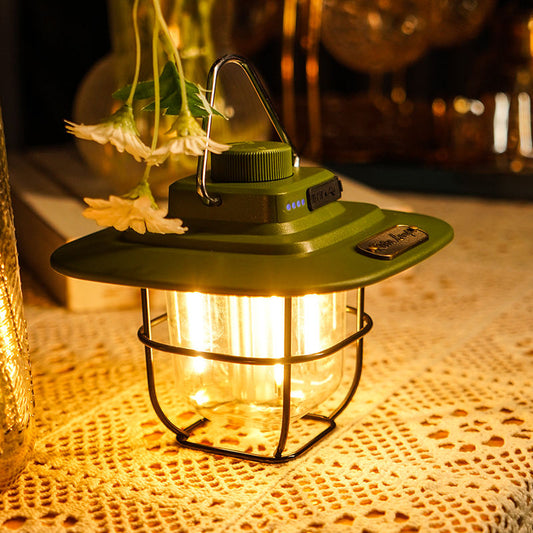 Vintage LED Camping Lantern Green- Rechargeable, Stepless Dimming, Power Bank